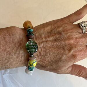 Turquoise, Spiny Oyster & Silver Beads Glass‎  Stones Bracelet 7 1/2" Navajo